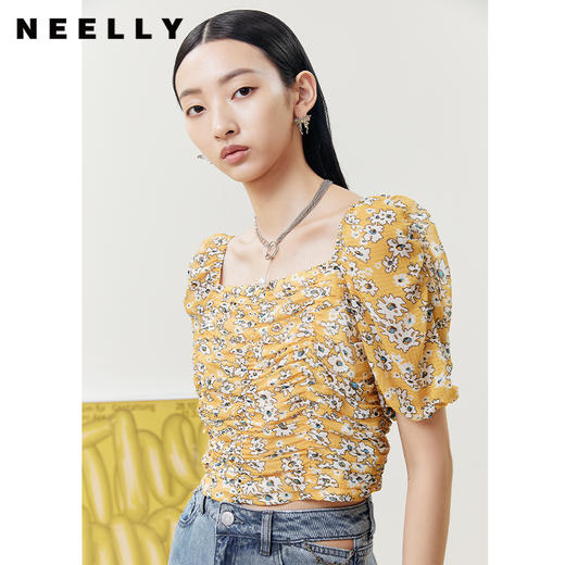 NEELLY纳俪商场同款法式方领泡泡袖衬衫女抽皱显瘦设计短款雪纺衫N22061R01181 商品图3