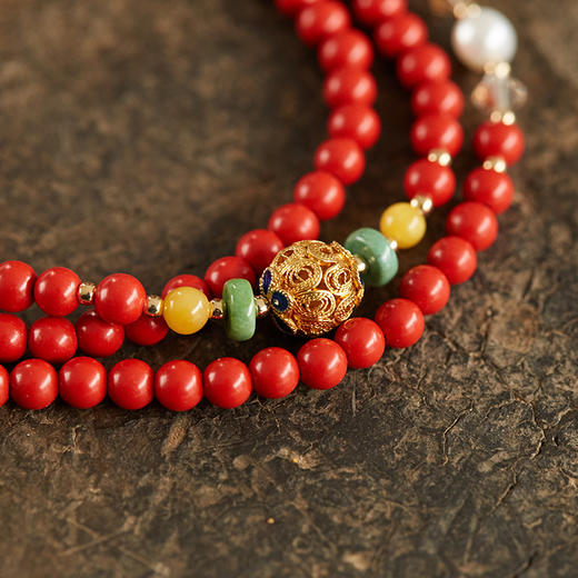朱砂花丝三圈手串 搭配天然青金石蜜蜡松石珍珠 宫廷风时尚大气 醍醐原创国庆闪购饰品 商品图6