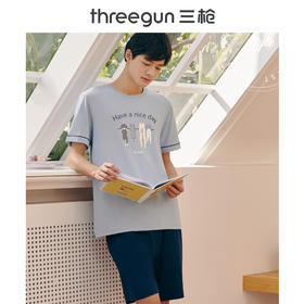 Threegun三枪 【水柔棉】圆领短袖短裤男士家居套家居服-81849D011