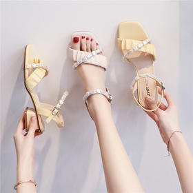 ZHR粗跟凉鞋女2022年新款夏季方头绑带仙女风珍珠一字带中跟女鞋
