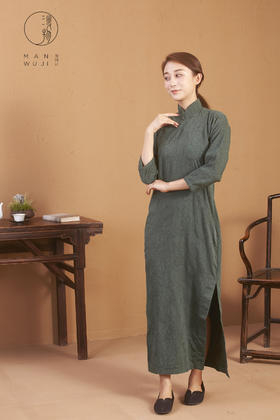 纯棉连肩七分袖提花树叶旗袍