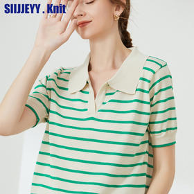 【衣橱必备，百搭不厌】【买一赠一】SIIJJEYY . Knit冰丝条纹针织衫女夏季新款Polo领短袖休闲t恤短款上衣