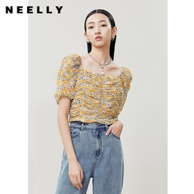 NEELLY纳俪商场同款法式方领泡泡袖衬衫女抽皱显瘦设计短款雪纺衫N22061R01181