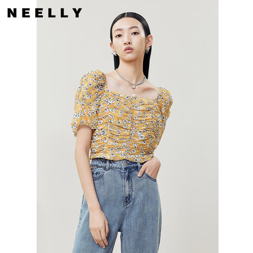 NEELLY纳俪商场同款法式方领泡泡袖衬衫女抽皱显瘦设计短款雪纺衫N22061R01181 商品图0