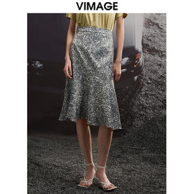 VIMAGE/纬漫纪夏季新款高腰复古印花鱼尾裙摆半身裙VB2206906