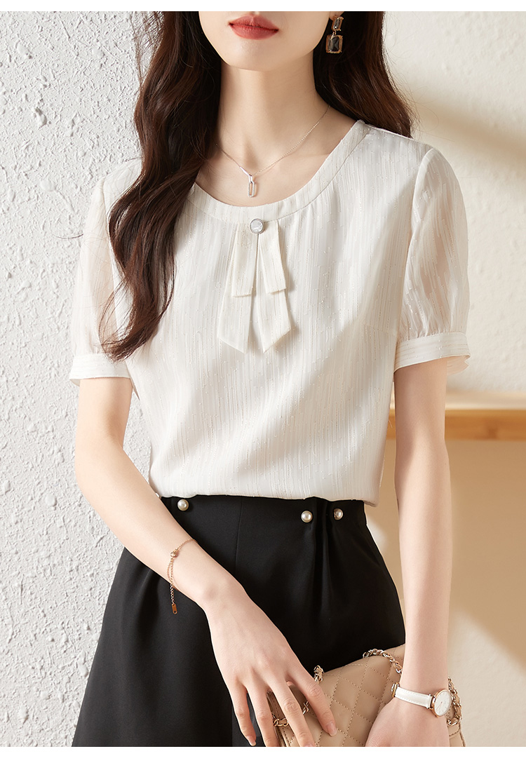 限时5折】熙世界短袖女夏季雪纺上衣新款百搭通勤圆领飘带时尚洋气