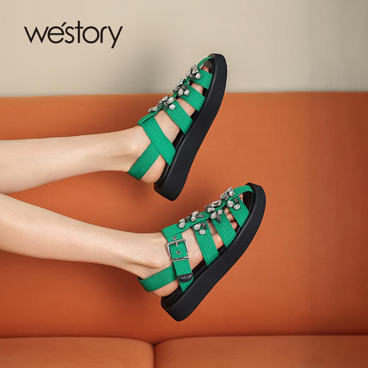 Westory年夏季新款编织休闲水钻平底凉鞋W22BG61191 商品图3