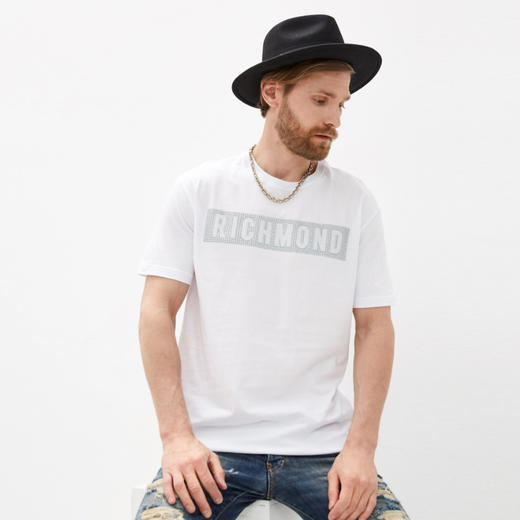 RICHMOND 男士棉质铆钉字母圆领短袖T恤 白色 RMP19057TS WHITE 商品图0