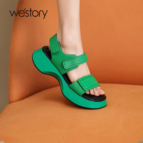 westory22年夏季新款轻奢真皮厚底魔术贴一字带休闲沙滩凉鞋W22BG61211