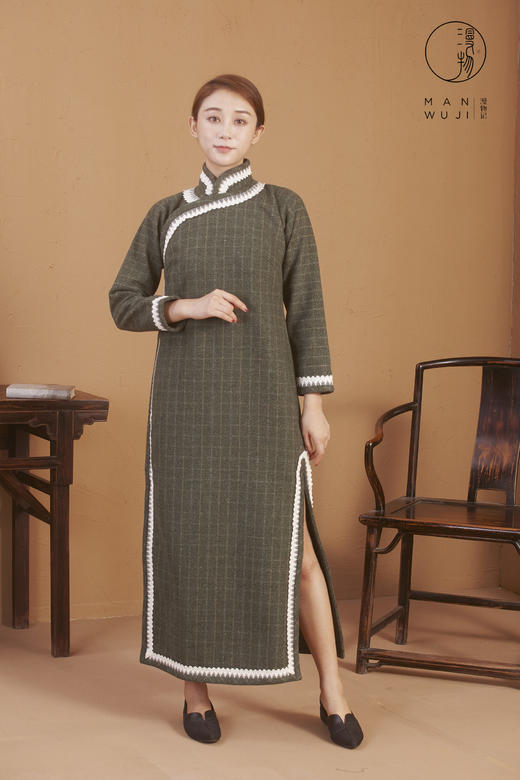 羊毛连肩长袖墨绿格子旗袍 商品图0