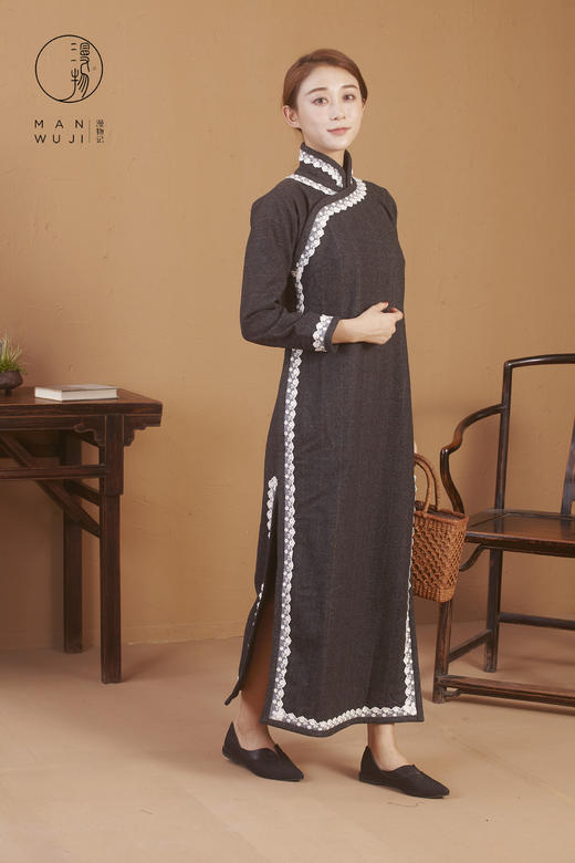 羊毛连肩长袖灰色格子旗袍 商品图7