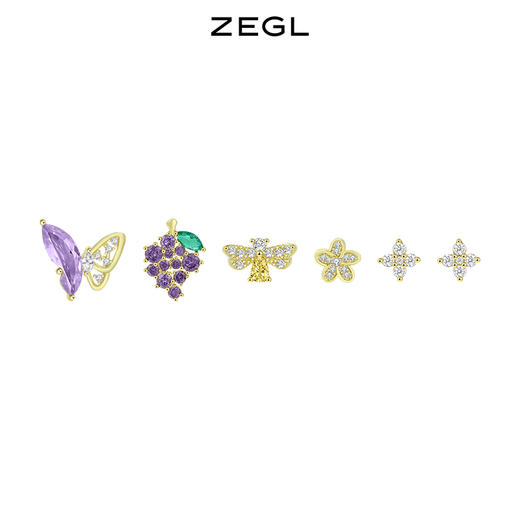 ZEGL925纯银花朵蝴蝶耳钉女小众设计感紫色葡萄耳环夏天耳饰套装 商品图0