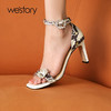 westory2022年夏季新款细高跟方头水钻时装宴会一字带凉鞋女W22BG61261 商品缩略图0