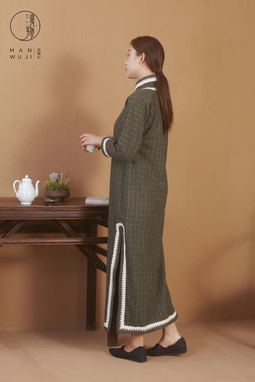 羊毛连肩长袖墨绿格子旗袍 商品图6