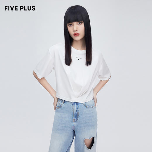 FIVE PLUS2022新款女夏装宽松短款圆领T恤女网纱镂空设计感套头衫2WN2023080 商品图0