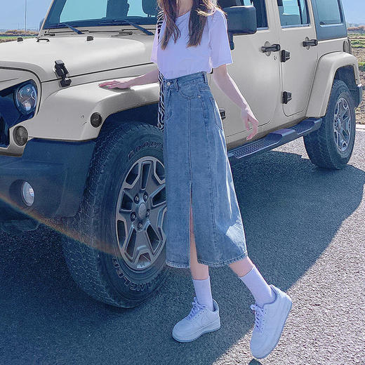 开叉半身裙女夏季薄款高腰春秋新款小个子a字中长牛仔裙长裙七夕情人节 商品图1