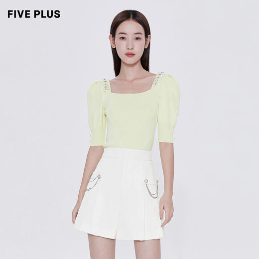 FIVE PLUS2022新款女夏装复古雅致针织衫女钉珠方领套头衫泡泡袖2WN2033010 商品图1