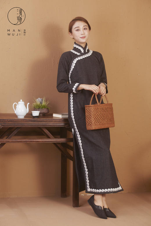 羊毛连肩长袖灰色格子旗袍 商品图8