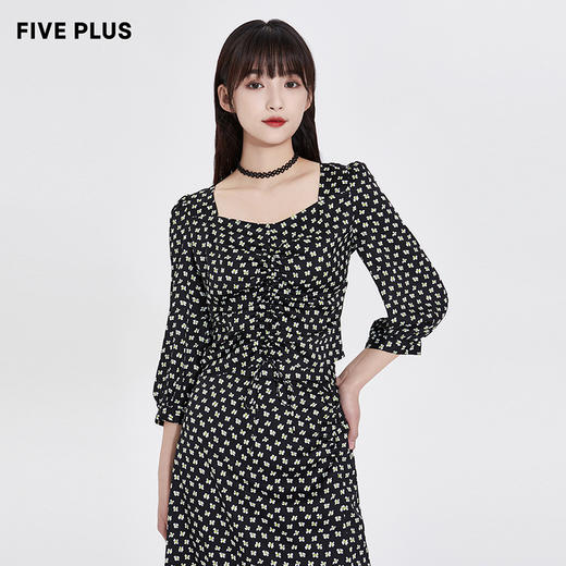 FIVE PLUS2022新款女夏装法式复古碎花衬衫女褶皱方领短款上衣2WN2013210 商品图0