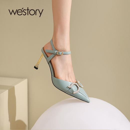 westory法式钻饰真皮细高跟尖头包头后空凉鞋W22AH54951 商品图4