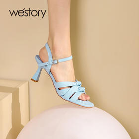 westory2022年夏季新款法式方头小猫中跟气质时装凉鞋S22BG61321