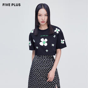 FIVE PLUS2022新款女夏装甜美花朵印花圆领T恤女宽松短袖套头衫短2WN2023100