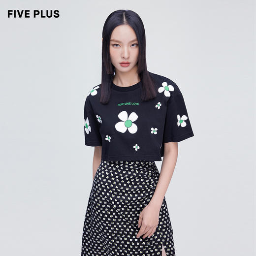 FIVE PLUS2022新款女夏装甜美花朵印花圆领T恤女宽松短袖套头衫短2WN2023100 商品图0