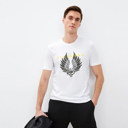 RICHMOND 男士棉质镶钻骷髅翅膀圆领短袖T恤 白色 RMP19224TS WHITE 商品图0