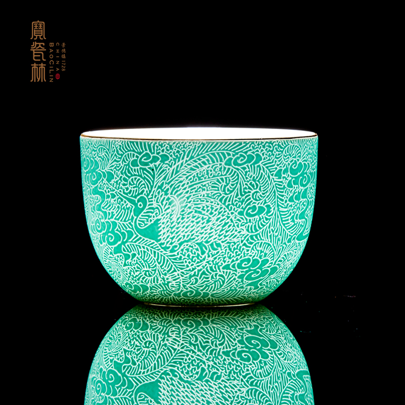 【宝瓷林】红地/绿地扒花云鹤大罗汉杯