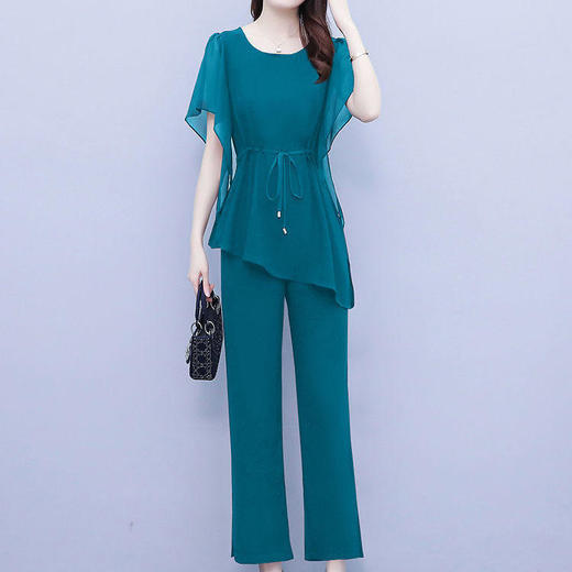 JXG-高档洋气雪纺套装女夏装新款宽松大码女装透气纱网短袖时尚两件套 商品图0