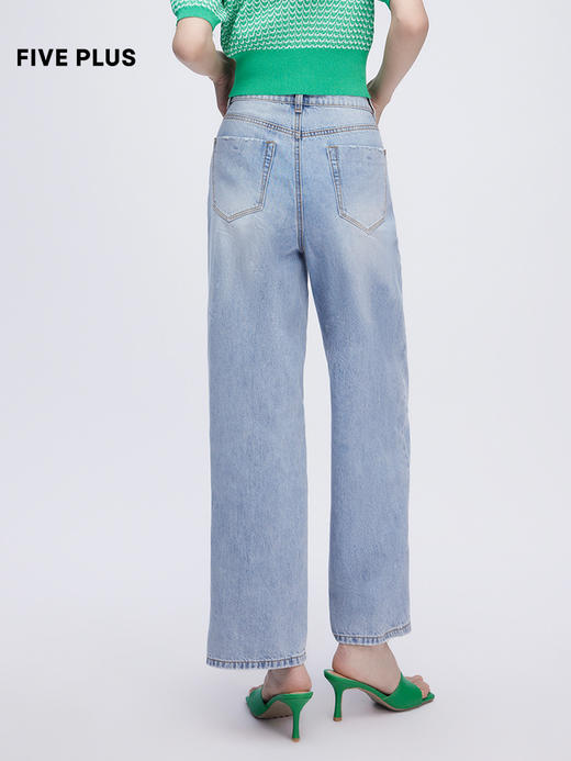 FIVE PLUS2022新款女夏装高腰直筒牛仔裤女心形挖空宽松阔腿裤长2WN2063140 商品图1