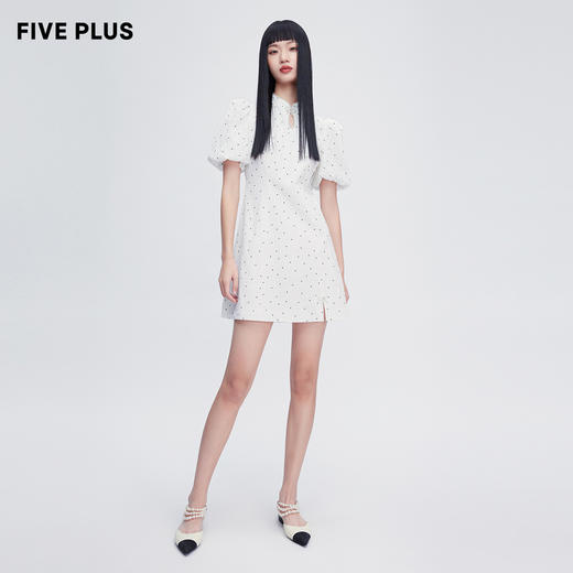 FIVEPLUS2022新款女夏装国风小立领连衣裙女泡泡袖修身波点裙子2WN2082370 商品图4