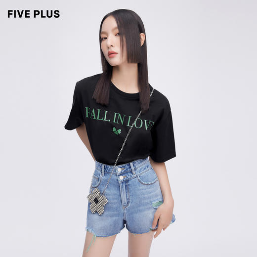 FIVE PLUS2022新款女夏装个性字母印花圆领T恤女宽松直筒套头衫潮2WN2023380 商品图5