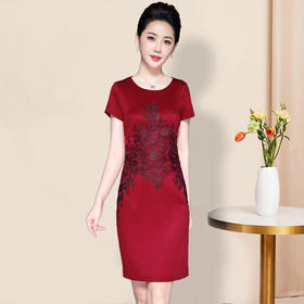 LC-2061新款短袖刺绣连衣裙婚礼服妈妈装喜婆婚宴服修身中长裙