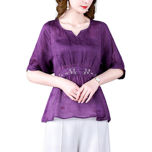 AHMmmj0765 时尚气质上衣棉麻女中年妈妈2022年夏装新款大码洋气短袖T恤套装 商品图4