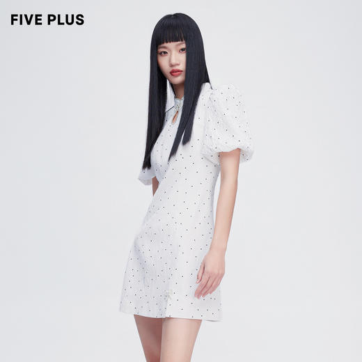FIVEPLUS2022新款女夏装国风小立领连衣裙女泡泡袖修身波点裙子2WN2082370 商品图1