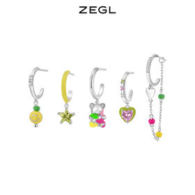 ZEGL设计师彩虹笑脸耳环女夏彩色小众设计感小熊爱心耳环银针耳饰