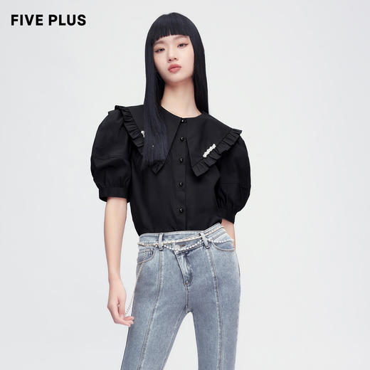 FIVE PLUS2022新款女夏装少女感大翻领衬衫女复古泡泡袖小众上衣2WN2012300 商品图0
