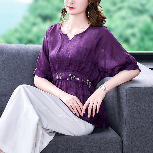 AHMmmj0765 时尚气质上衣棉麻女中年妈妈2022年夏装新款大码洋气短袖T恤套装 商品图1