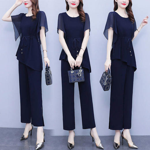 JXG-高档洋气雪纺套装女夏装新款宽松大码女装透气纱网短袖时尚两件套 商品图3