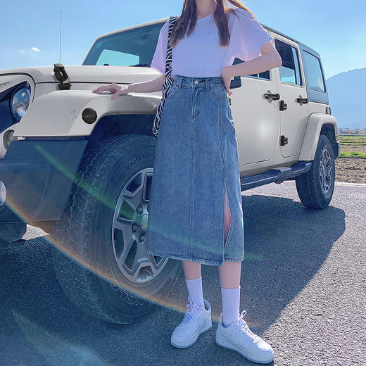 开叉半身裙女夏季薄款高腰春秋新款小个子a字中长牛仔裙长裙七夕情人节 商品图3