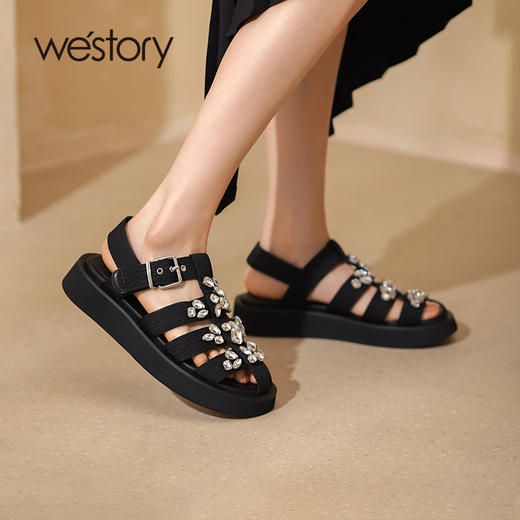 Westory年夏季新款编织休闲水钻平底凉鞋W22BG61191 商品图4