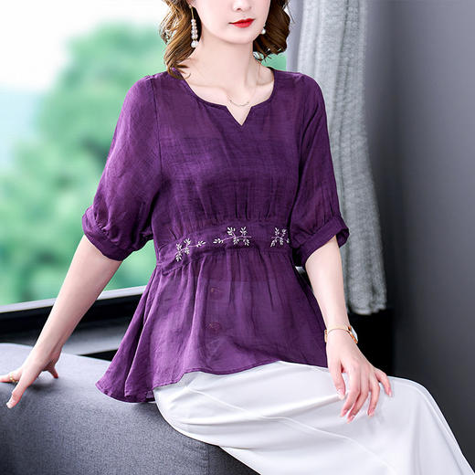 AHMmmj0765 时尚气质上衣棉麻女中年妈妈2022年夏装新款大码洋气短袖T恤套装 商品图0