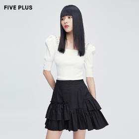 FIVE PLUS2022新款女夏装复古雅致针织衫女钉珠方领套头衫泡泡袖2WN2033010