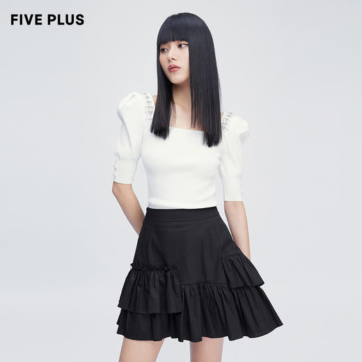 FIVE PLUS2022新款女夏装复古雅致针织衫女钉珠方领套头衫泡泡袖2WN2033010 商品图0