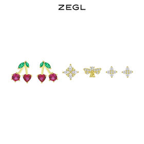 ZEGL设计师925纯银樱桃蜜蜂耳钉女小众设计感花朵耳环夏天耳饰品