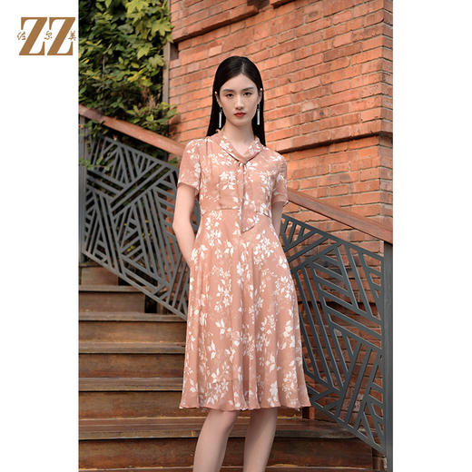 佐尔美2022夏季新款 桑蚕丝真丝碎花通勤气质连衣裙女E22LS29 商品图2