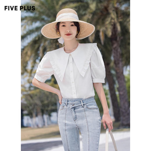 FIVE PLUS2022新款女夏装少女感大翻领衬衫女复古泡泡袖小众上衣2WN2012300 商品图2