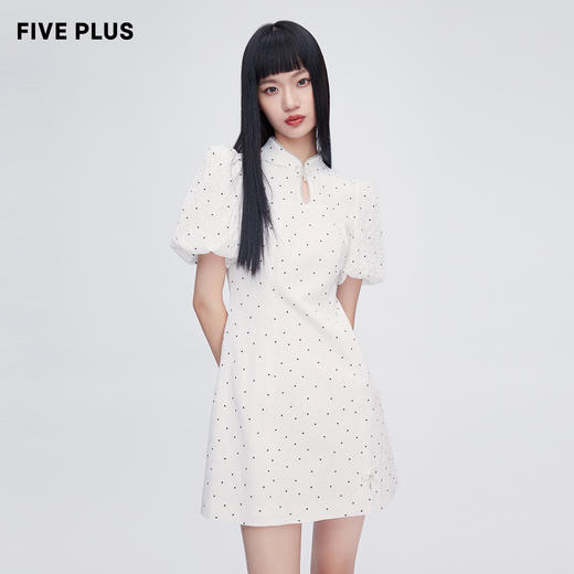 FIVEPLUS2022新款女夏装国风小立领连衣裙女泡泡袖修身波点裙子2WN2082370 商品图3
