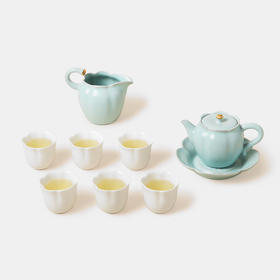 陆宝陶瓷成套茶具吉相伴茶组天青色 居家送礼成套功夫茶具轻奢装